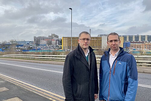 Mayor Peter Taylor and Cllr Ian Stotesbury outside Watford General Hospital 